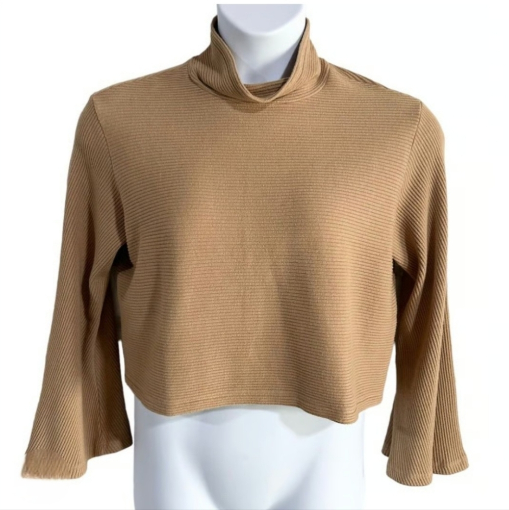 Monrow Tan Mock Neck Ribbed Cropped Sweater With Bell Sleeves
